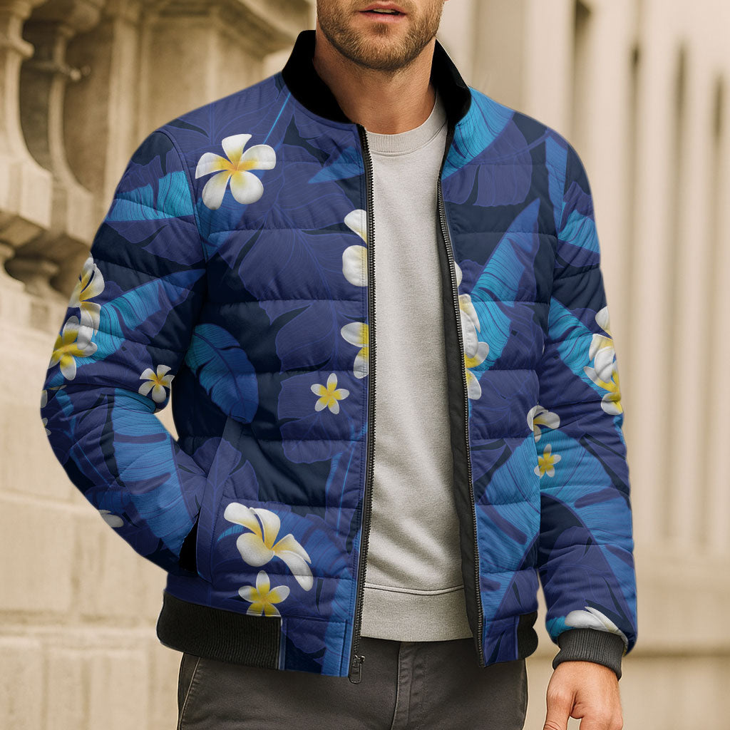Teal Purple Banana Leaf Hawaii Bomber Puffer Jacket Lau Maia Plumeria Tropical Summer Vibes