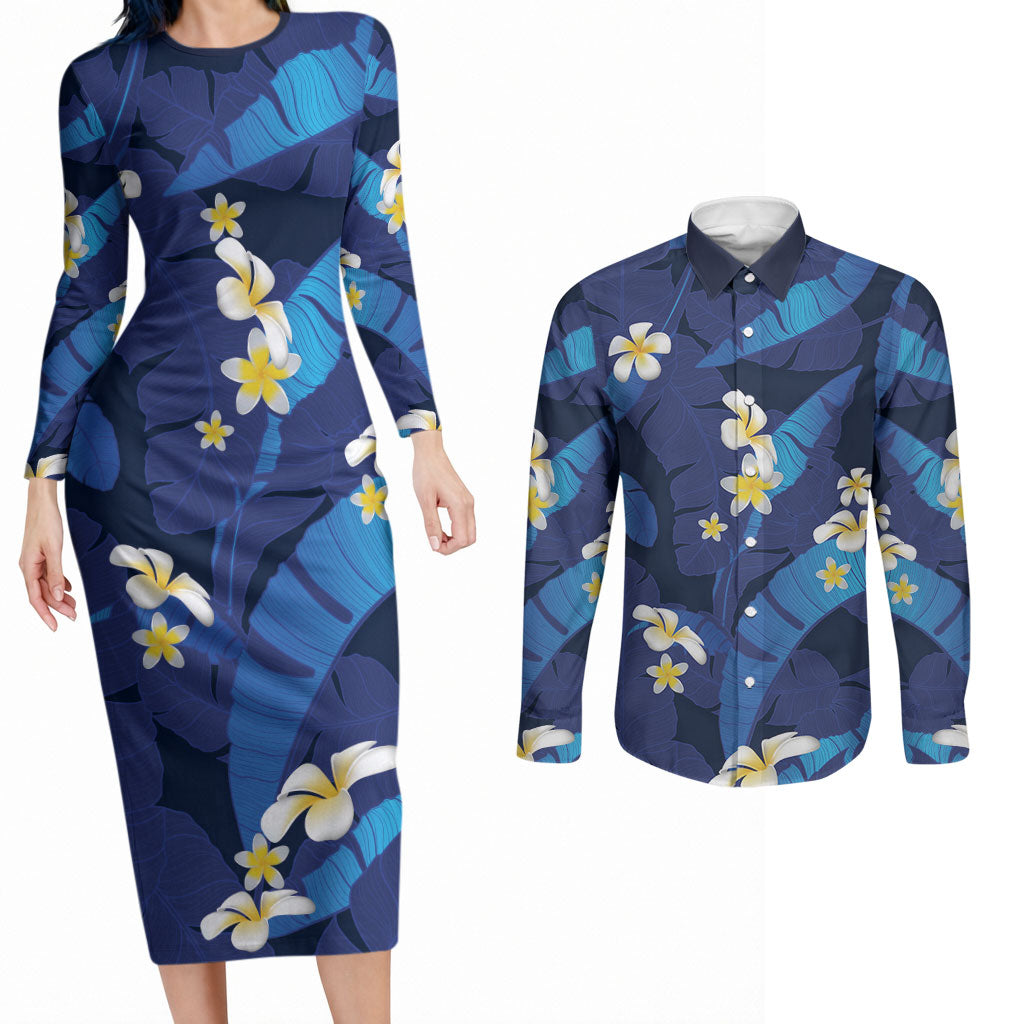 Teal Purple Banana Leaf Hawaii Couples Matching Long Sleeve Bodycon Dress and Long Sleeve Button Shirt Lau Maia Plumeria Tropical Summer Vibes LT14 Teal Purple - Polynesian Pride