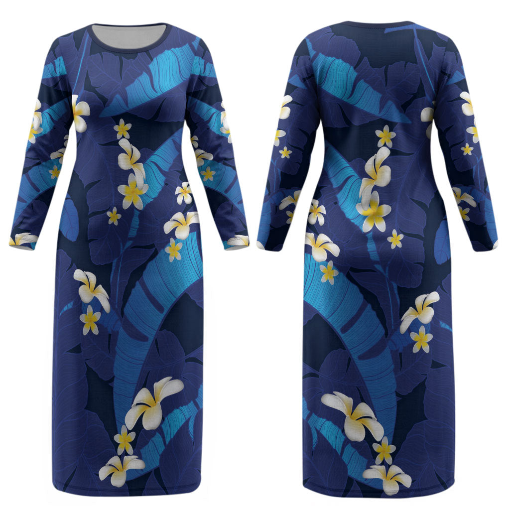 Teal Purple Banana Leaf Hawaii Couples Matching Long Sleeve Bodycon Dress and Long Sleeve Button Shirt Lau Maia Plumeria Tropical Summer Vibes