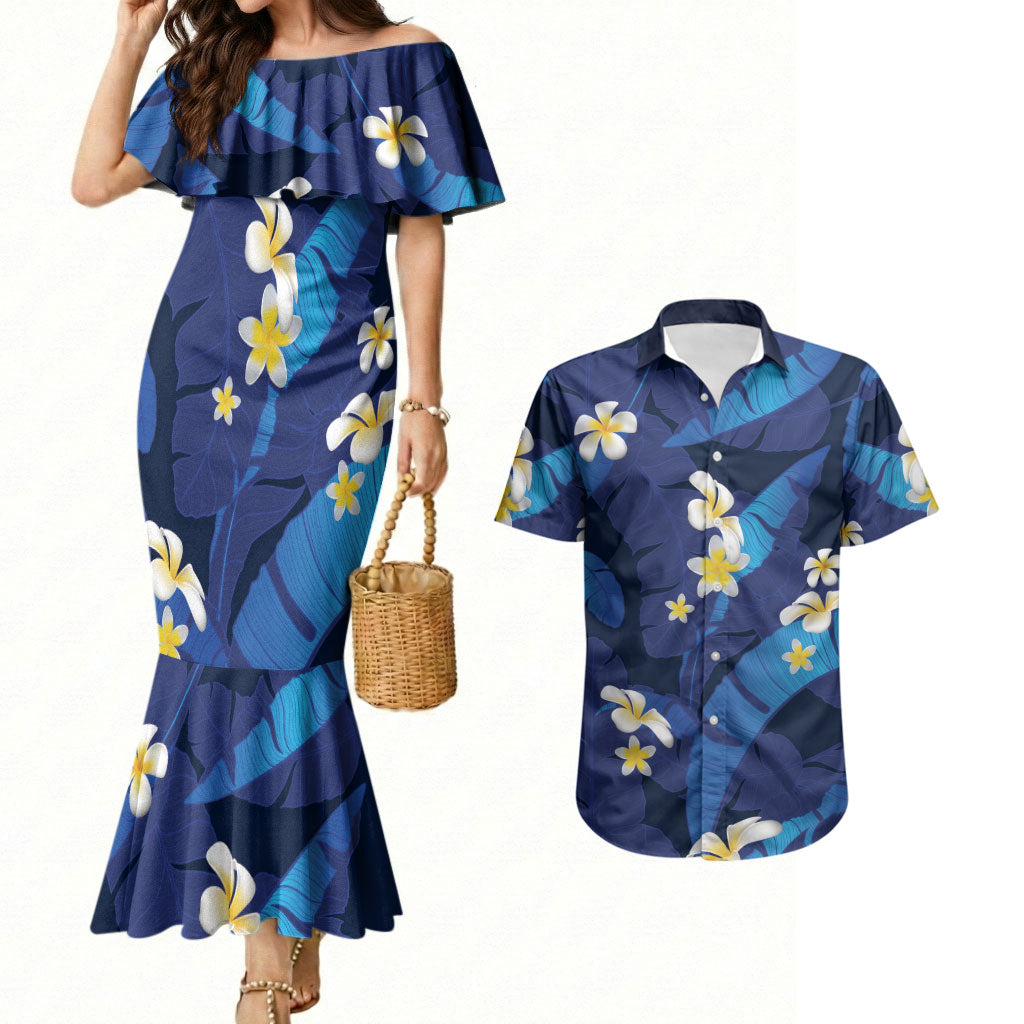 Teal Purple Banana Leaf Hawaii Couples Matching Mermaid Dress and Hawaiian Shirt Lau Maia Plumeria Tropical Summer Vibes