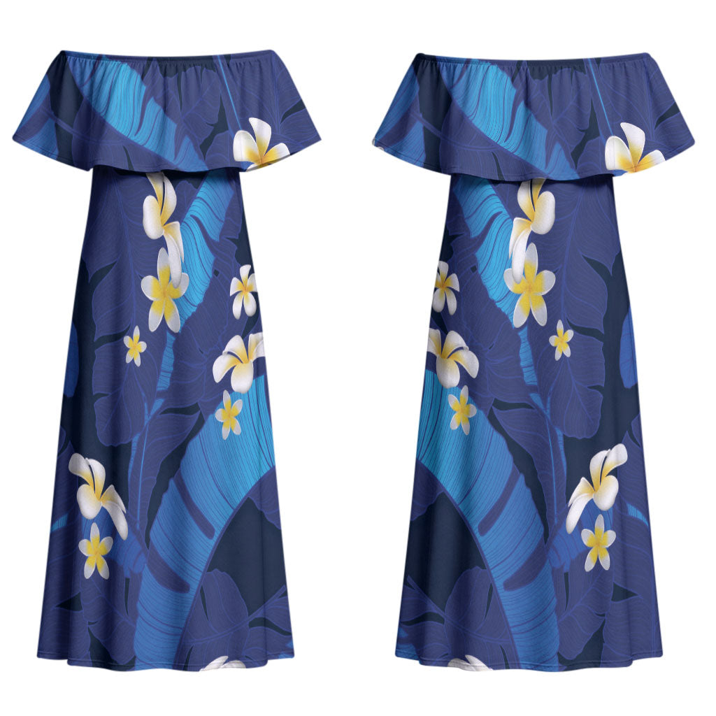 Teal Purple Banana Leaf Hawaii Couples Matching Off Shoulder Maxi Dress and Hawaiian Shirt Lau Maia Plumeria Tropical Summer Vibes LT14 - Polynesian Pride