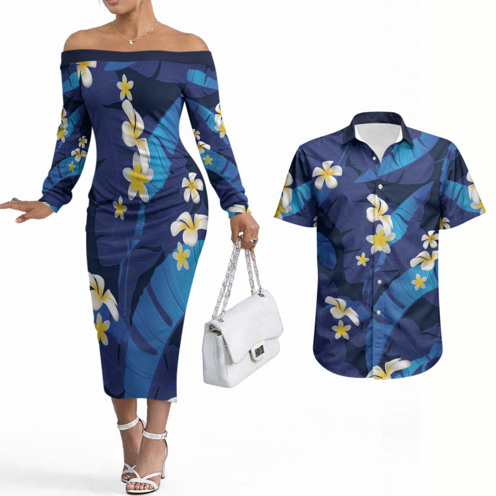 Teal Purple Banana Leaf Hawaii Couples Matching Off The Shoulder Long Sleeve Dress and Hawaiian Shirt Lau Maia Plumeria Tropical Summer Vibes LT14 Teal Purple - Polynesian Pride