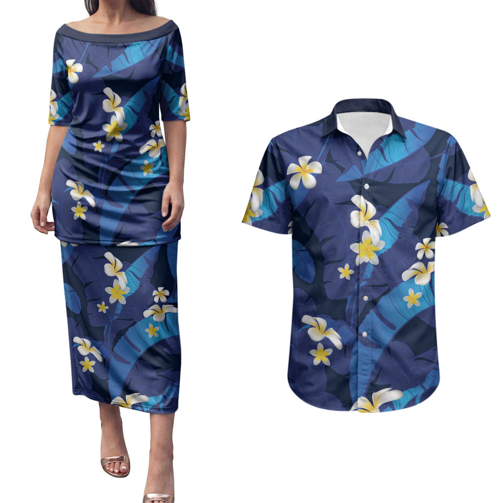 Teal Purple Banana Leaf Hawaii Couples Matching Puletasi and Hawaiian Shirt Lau Maia Plumeria Tropical Summer Vibes