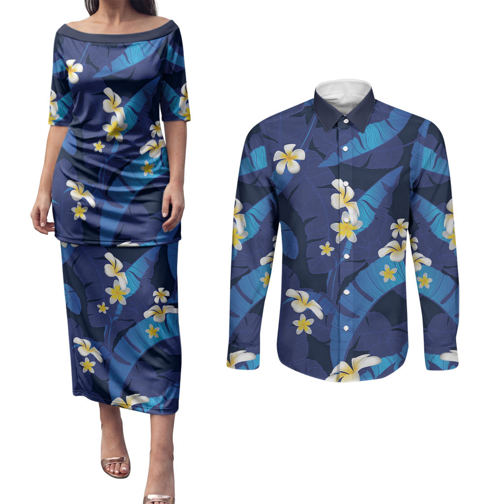 Teal Purple Banana Leaf Hawaii Couples Matching Puletasi and Long Sleeve Button Shirt Lau Maia Plumeria Tropical Summer Vibes