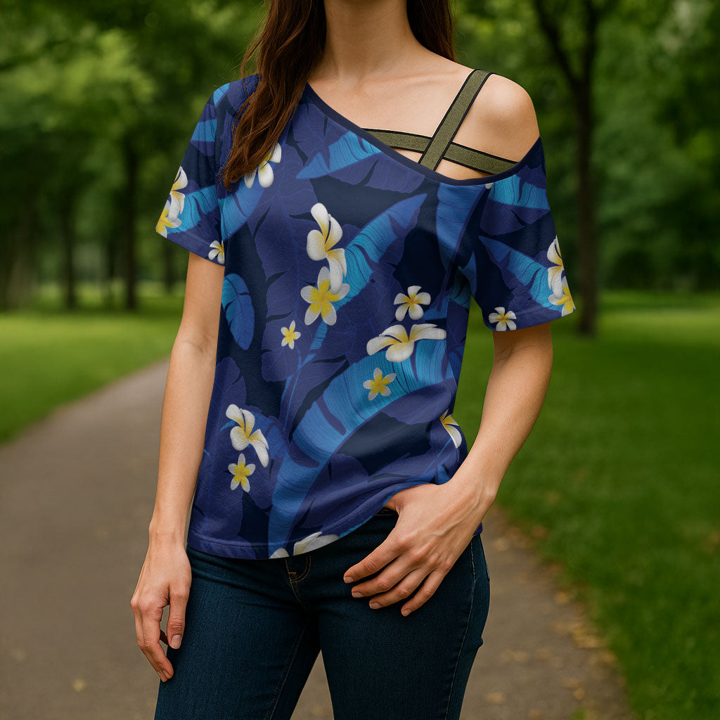 Teal Purple Banana Leaf Hawaii Cross Shoulder Shirt Lau Maia Plumeria Tropical Summer Vibes