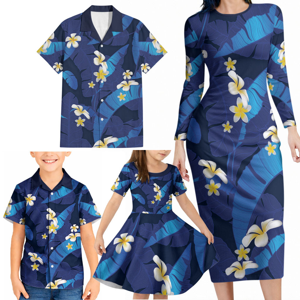Teal Purple Banana Leaf Hawaii Family Matching Long Sleeve Bodycon Dress and Hawaiian Shirt Lau Maia Plumeria Tropical Summer Vibes