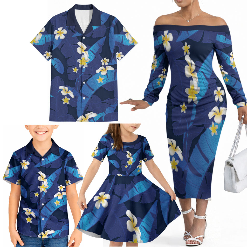 Teal Purple Banana Leaf Hawaii Family Matching Off The Shoulder Long Sleeve Dress and Hawaiian Shirt Lau Maia Plumeria Tropical Summer Vibes LT14 - Polynesian Pride