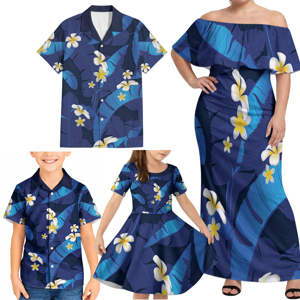 Teal Purple Banana Leaf Hawaii Family Matching Off Shoulder Maxi Dress and Hawaiian Shirt Lau Maia Plumeria Tropical Summer Vibes LT14 - Polynesian Pride