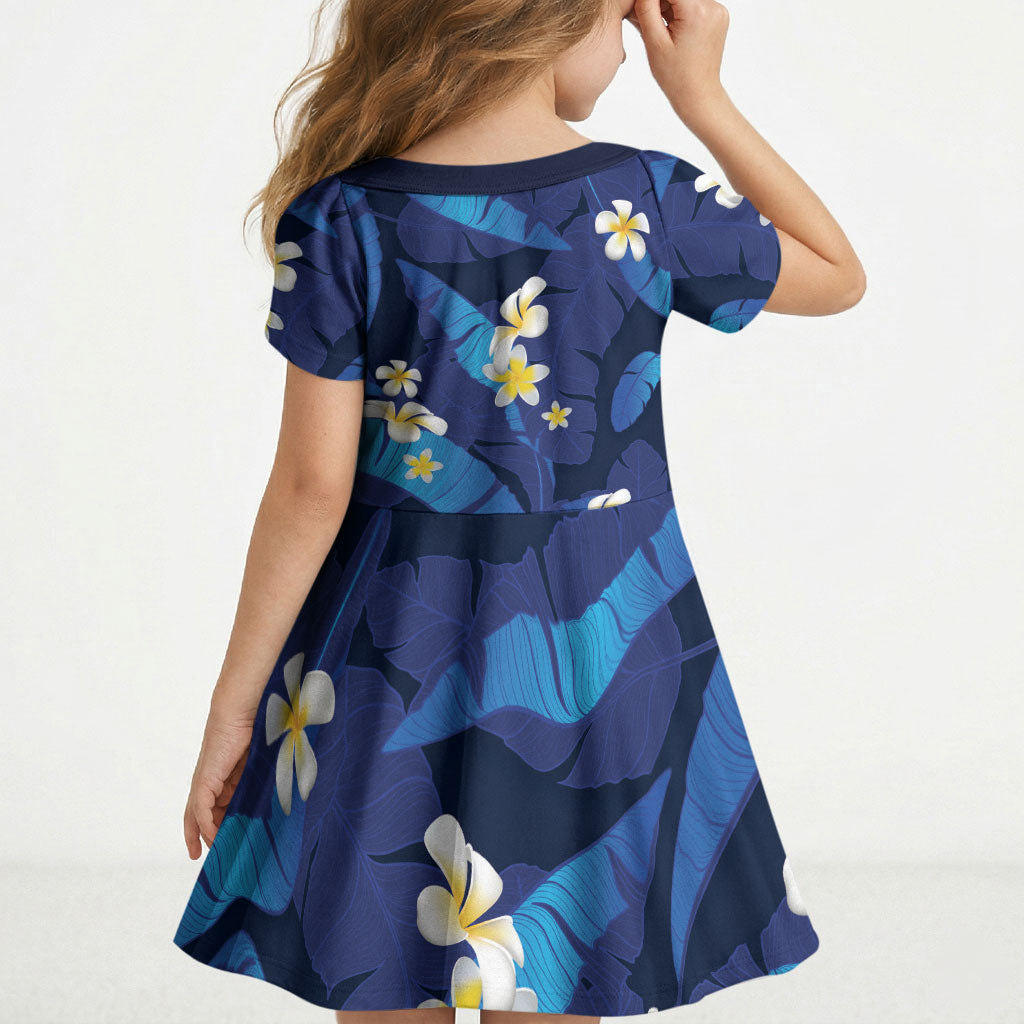 Teal Purple Banana Leaf Hawaii Kid Short Sleeve Dress Lau Maia Plumeria Tropical Summer Vibes LT14 - Polynesian Pride