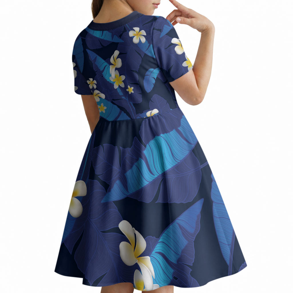 Teal Purple Banana Leaf Hawaii Kid Short Sleeve Dress Lau Maia Plumeria Tropical Summer Vibes LT14 - Polynesian Pride