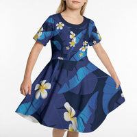 Teal Purple Banana Leaf Hawaii Kid Short Sleeve Dress Lau Maia Plumeria Tropical Summer Vibes LT14 - Polynesian Pride