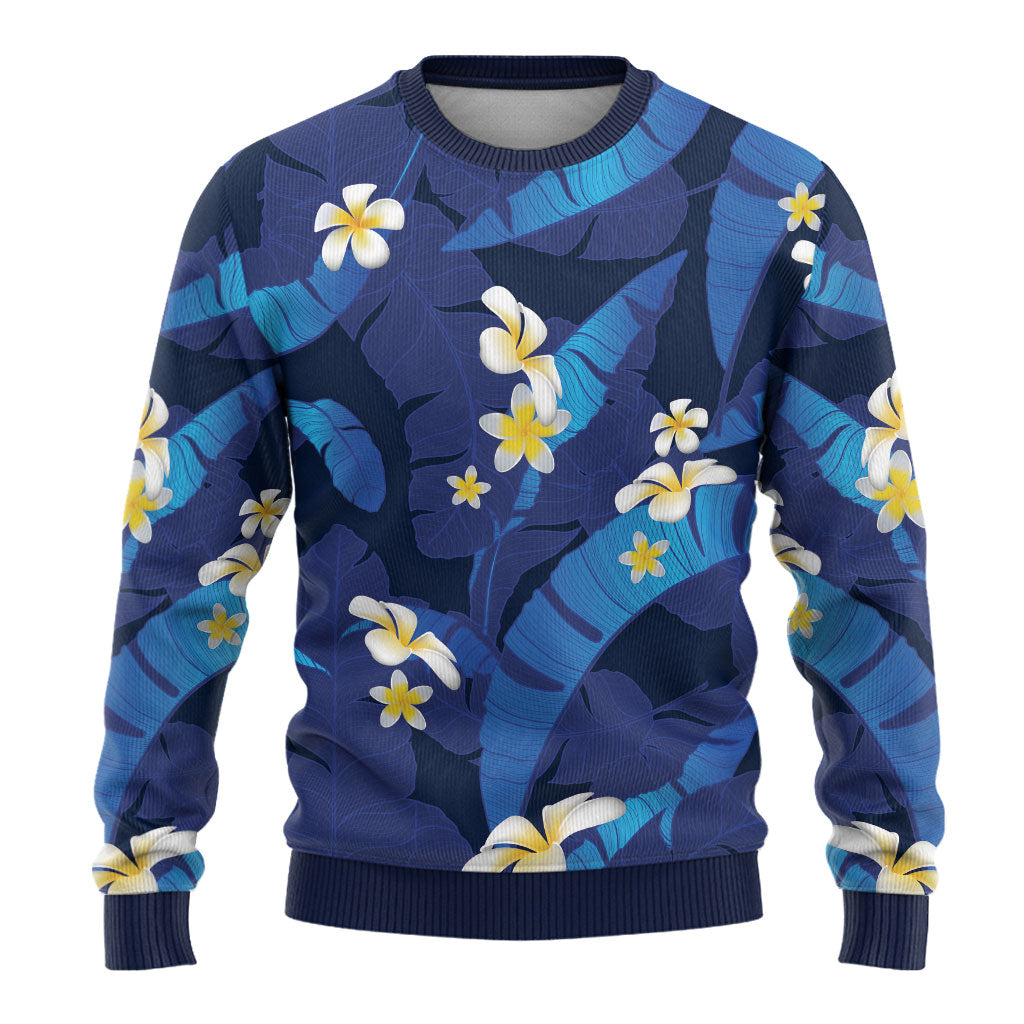 Teal Purple Banana Leaf Hawaii Ugly Christmas Sweater Lau Maia Plumeria Tropical Summer Vibes LT14 - Polynesian Pride
