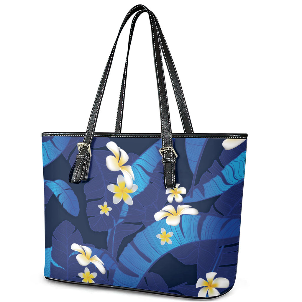 Teal Purple Banana Leaf Hawaii Leather Tote Bag Lau Maia Plumeria Tropical Summer Vibes