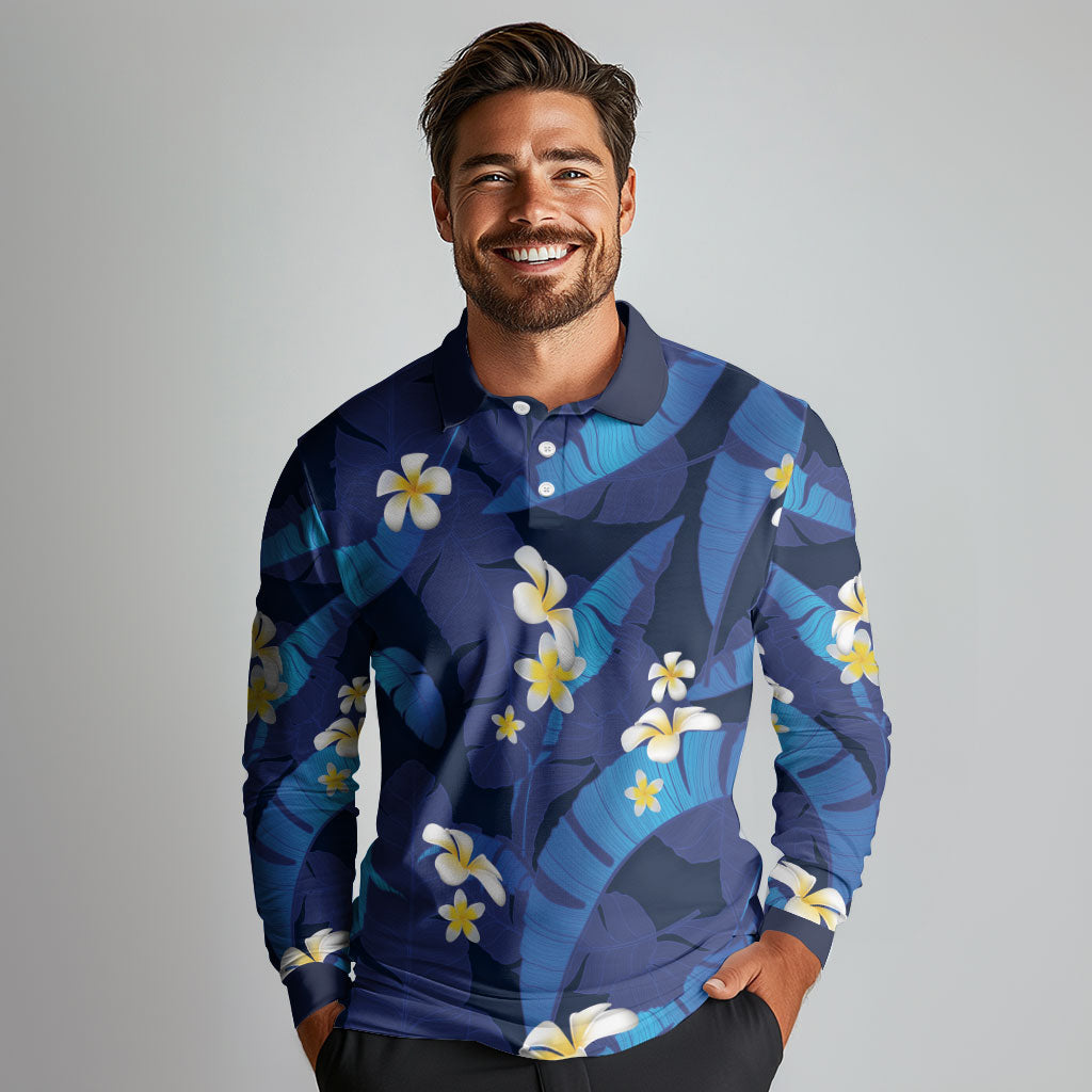 Teal Purple Banana Leaf Hawaii Long Sleeve Polo Shirt Lau Maia Plumeria Tropical Summer Vibes LT14 - Polynesian Pride