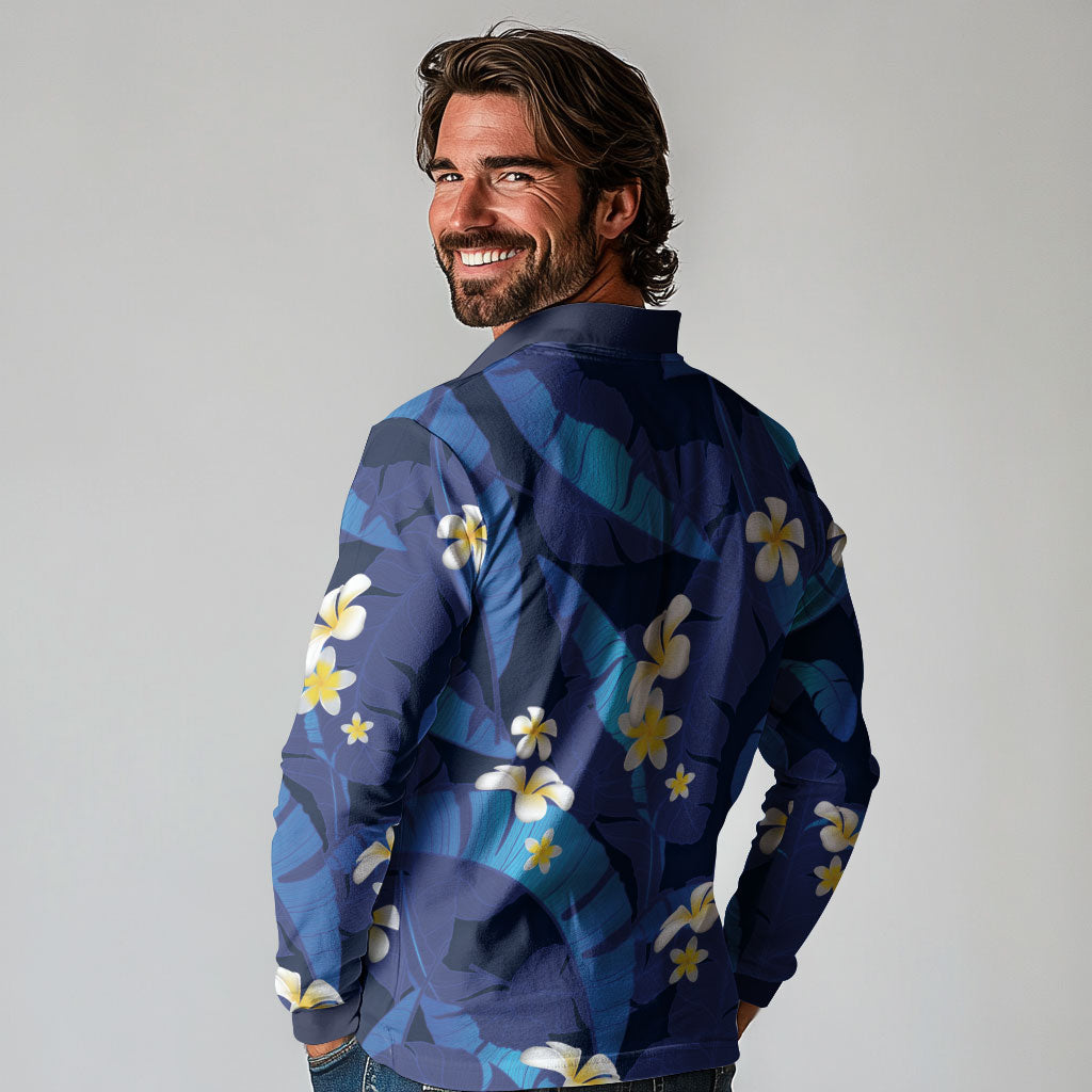 Teal Purple Banana Leaf Hawaii Long Sleeve Polo Shirt Lau Maia Plumeria Tropical Summer Vibes LT14 - Polynesian Pride