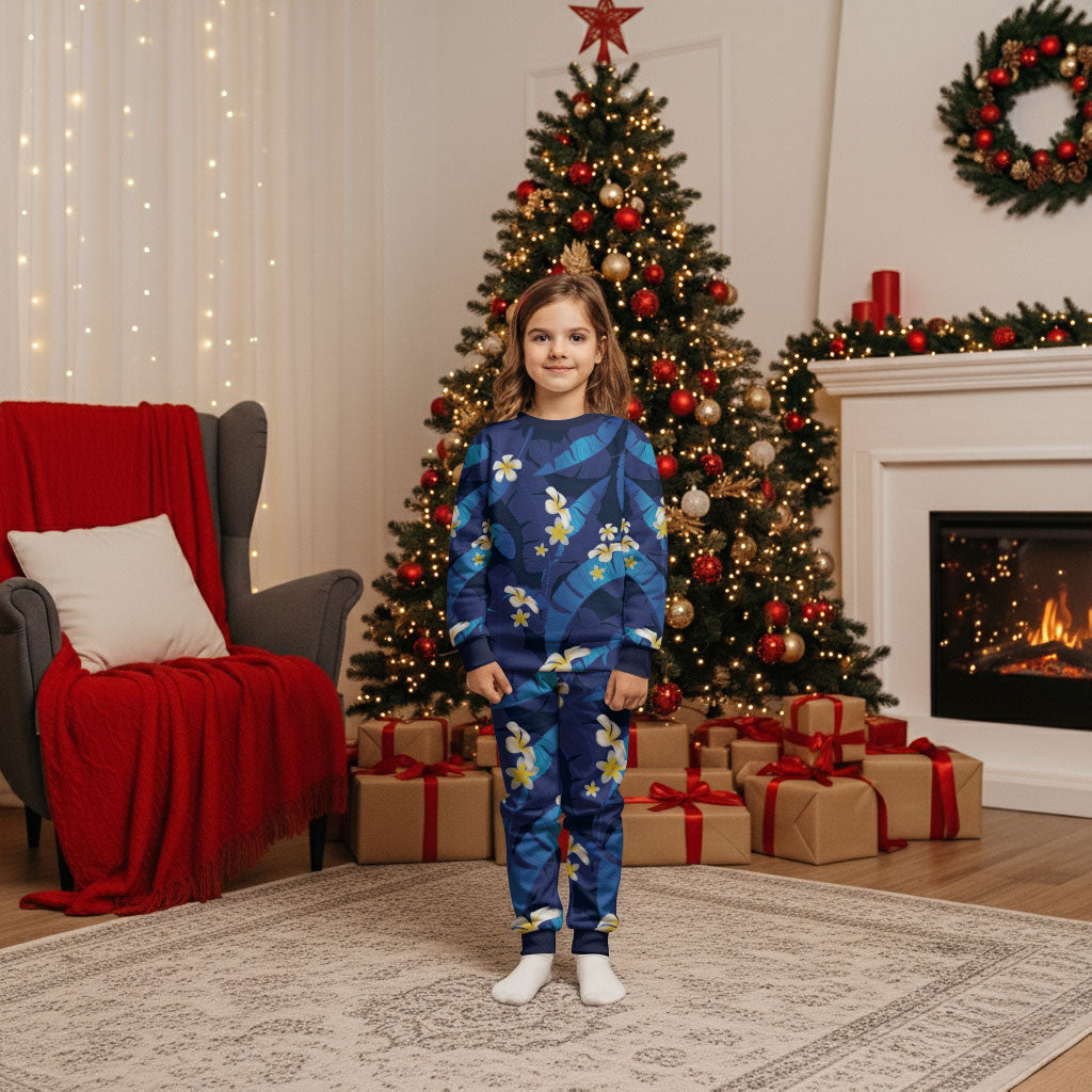 Teal Purple Banana Leaf Hawaii Christmas Pajama Set Lau Maia Plumeria Tropical Summer Vibes LT14 Kid Teal Purple - Polynesian Pride