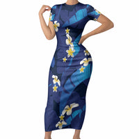 Teal Purple Banana Leaf Hawaii Short Sleeve Bodycon Dress Lau Maia Plumeria Tropical Summer Vibes