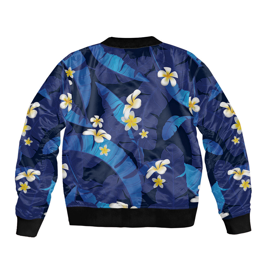 Teal Purple Banana Leaf Hawaii Sleeve Zip Bomber Jacket Lau Maia Plumeria Tropical Summer Vibes