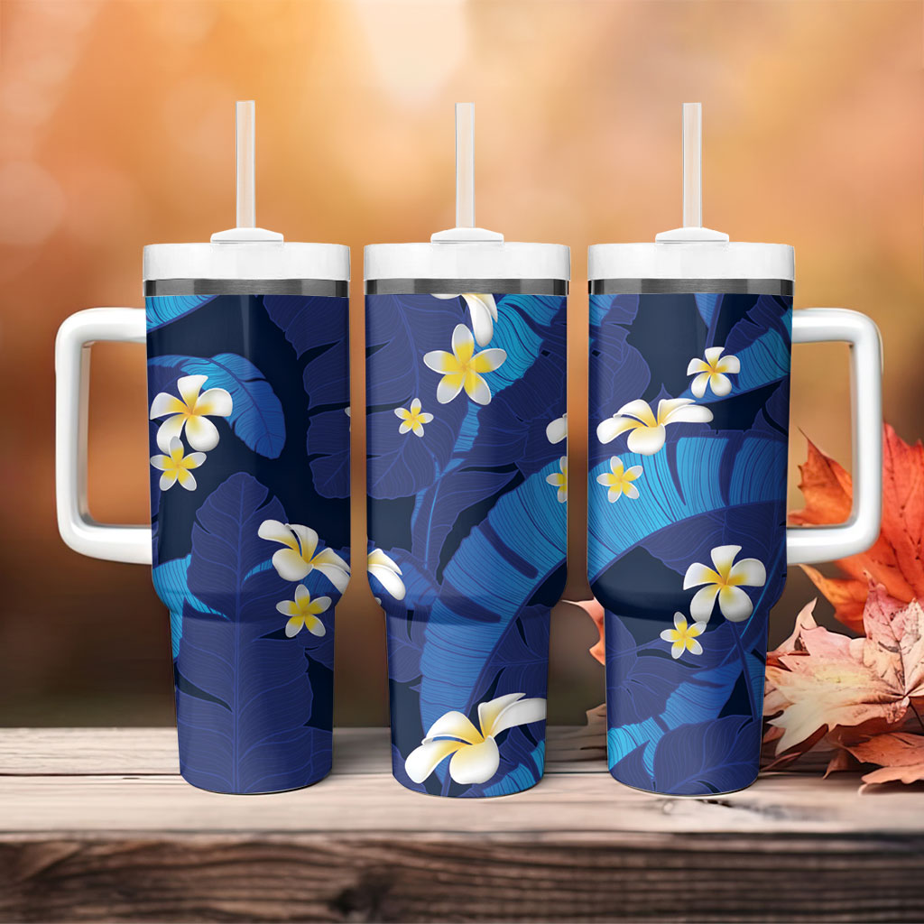 Teal Purple Banana Leaf Hawaii Tumbler With Handle Lau Maia Plumeria Tropical Summer Vibes
