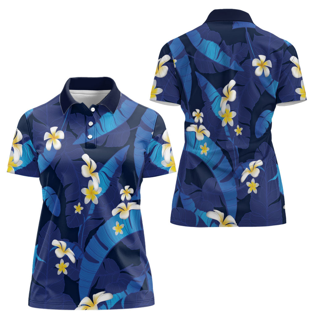 Teal Purple Banana Leaf Hawaii Women Polo Shirt Lau Maia Plumeria Tropical Summer Vibes