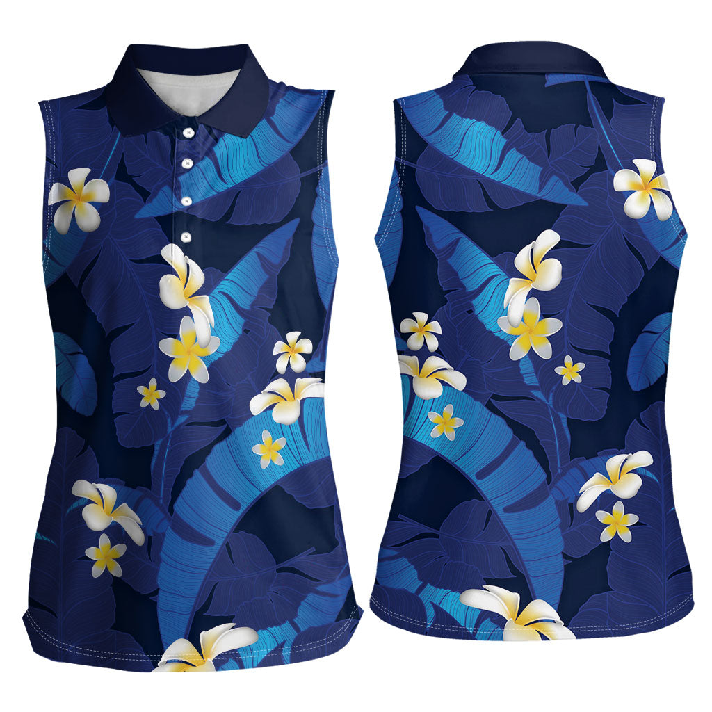 Teal Purple Banana Leaf Hawaii Women Sleeveless Polo Shirt Lau Maia Plumeria Tropical Summer Vibes