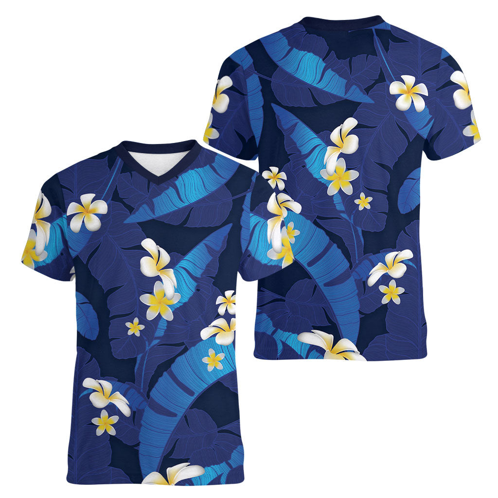 Teal Purple Banana Leaf Hawaii Women V-Neck T-Shirt Lau Maia Plumeria Tropical Summer Vibes