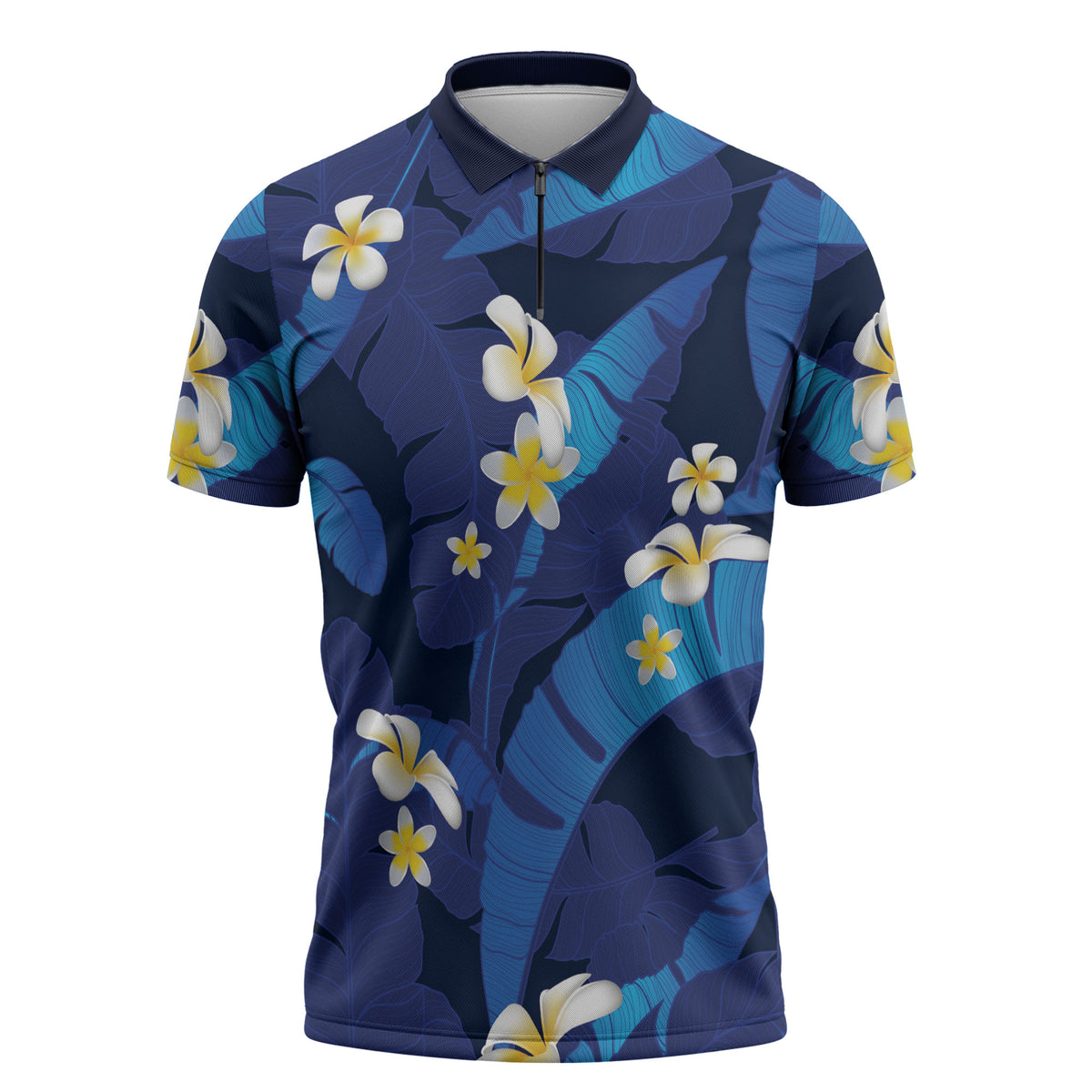 Teal Purple Banana Leaf Hawaii Zipper Polo Shirt Lau Maia Plumeria Tropical Summer Vibes