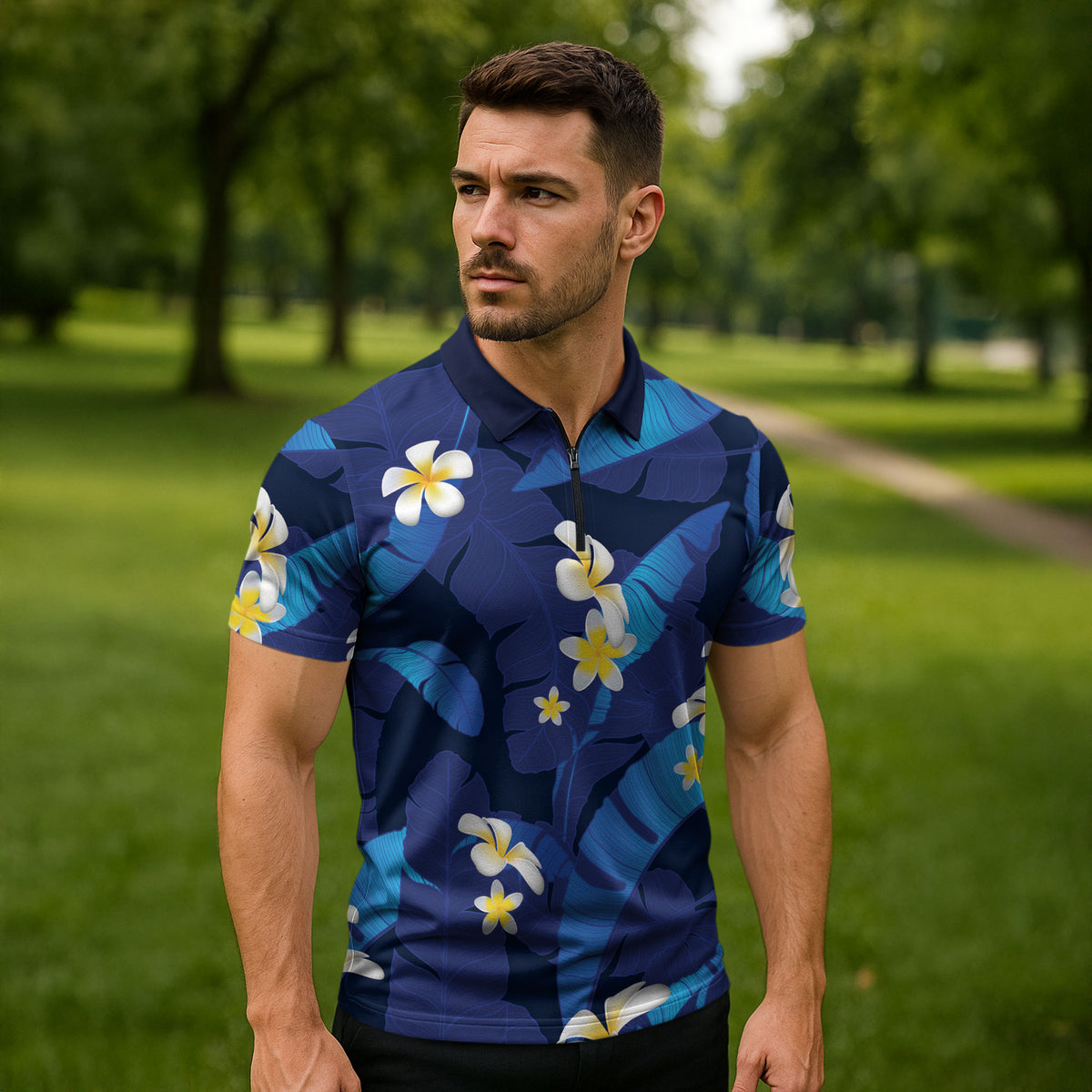 Teal Purple Banana Leaf Hawaii Zipper Polo Shirt Lau Maia Plumeria Tropical Summer Vibes