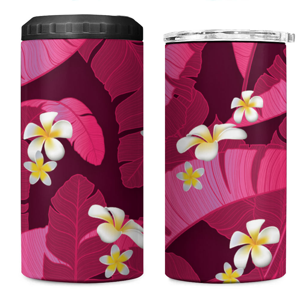 Pink Banana Leaf Hawaii 4 in 1 Can Cooler Tumbler Lau Maia Plumeria Tropical Summer Vibes