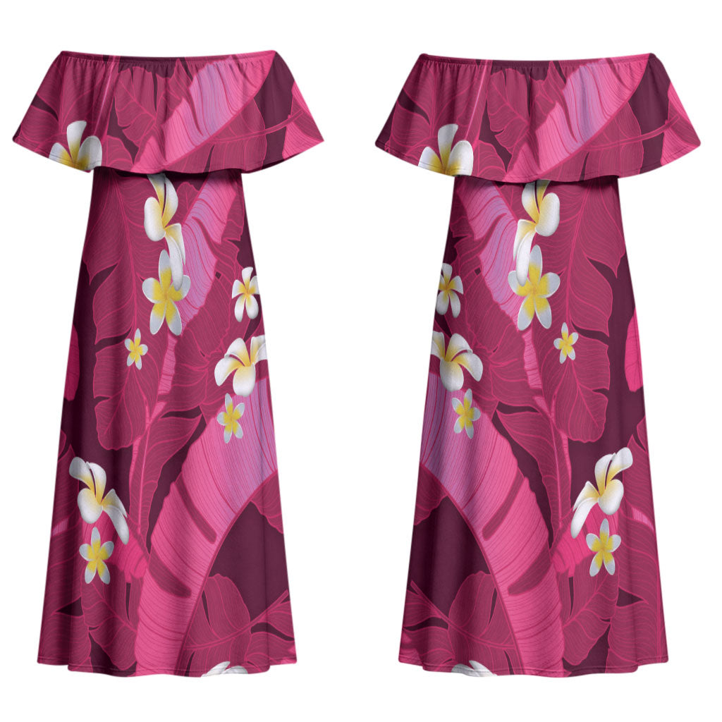 Pink Banana Leaf Hawaii Couples Matching Off Shoulder Maxi Dress and Long Sleeve Button Shirt Lau Maia Plumeria Tropical Summer Vibes