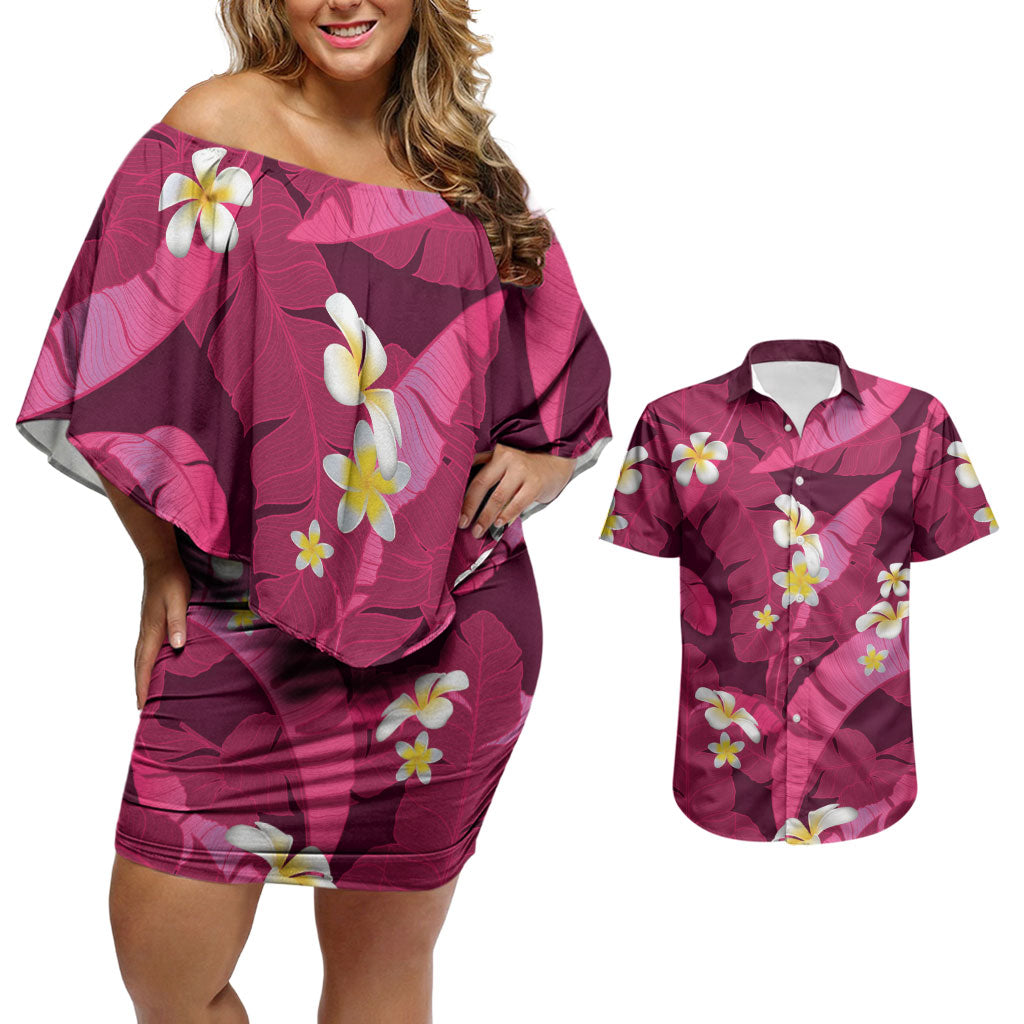 Pink Banana Leaf Hawaii Couples Matching Off Shoulder Short Dress and Hawaiian Shirt Lau Maia Plumeria Tropical Summer Vibes
