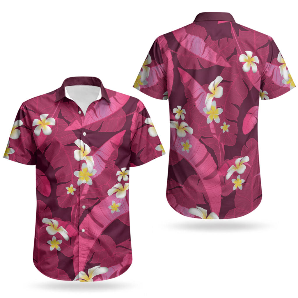 Pink Banana Leaf Hawaii Couples Matching Off Shoulder Short Dress and Hawaiian Shirt Lau Maia Plumeria Tropical Summer Vibes