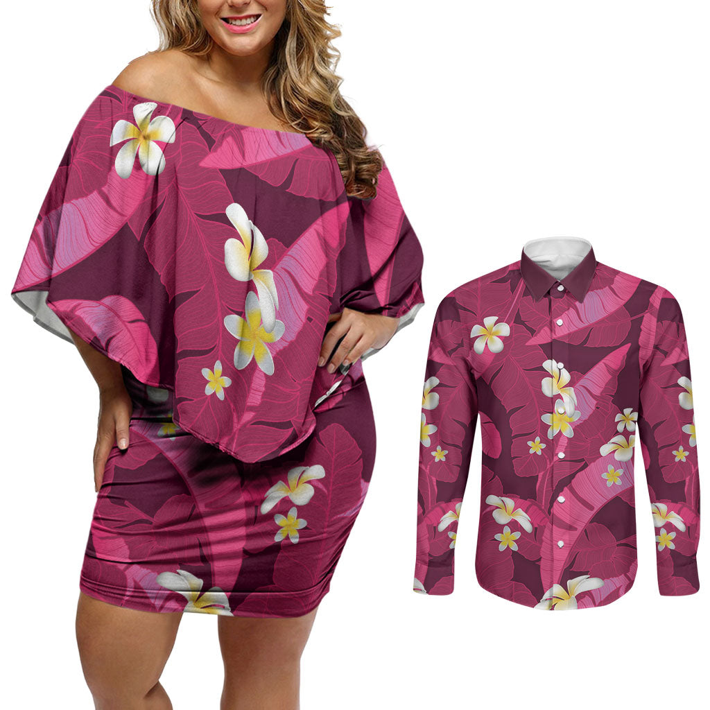 Pink Banana Leaf Hawaii Couples Matching Off Shoulder Short Dress and Long Sleeve Button Shirt Lau Maia Plumeria Tropical Summer Vibes LT14 Pink - Polynesian Pride