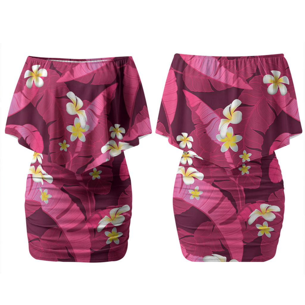 Pink Banana Leaf Hawaii Couples Matching Off Shoulder Short Dress and Long Sleeve Button Shirt Lau Maia Plumeria Tropical Summer Vibes