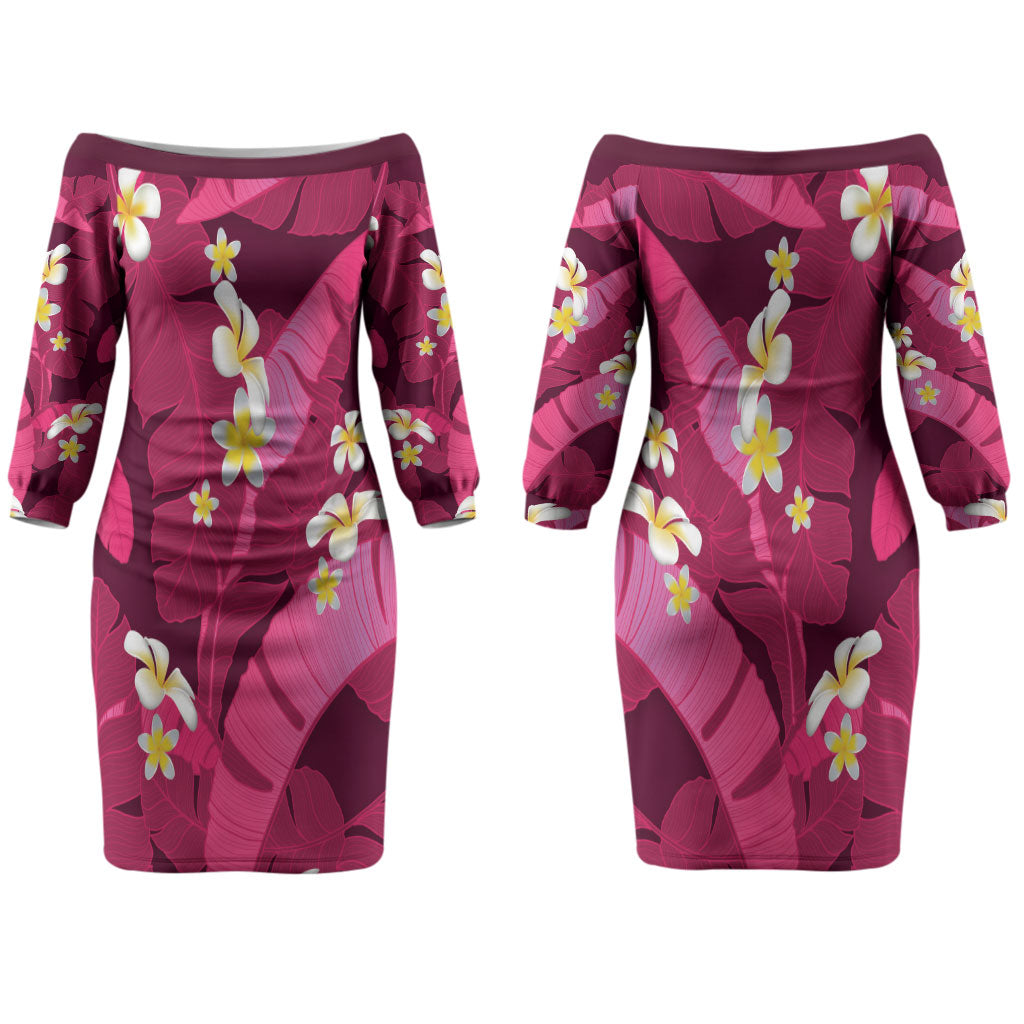 Pink Banana Leaf Hawaii Couples Matching Off The Shoulder Long Sleeve Dress and Hawaiian Shirt Lau Maia Plumeria Tropical Summer Vibes LT14 - Polynesian Pride