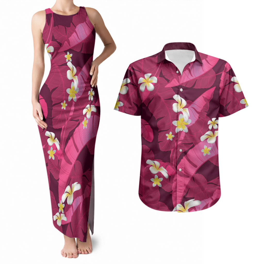 Pink Banana Leaf Hawaii Couples Matching Tank Maxi Dress and Hawaiian Shirt Lau Maia Plumeria Tropical Summer Vibes LT14 Pink - Polynesian Pride