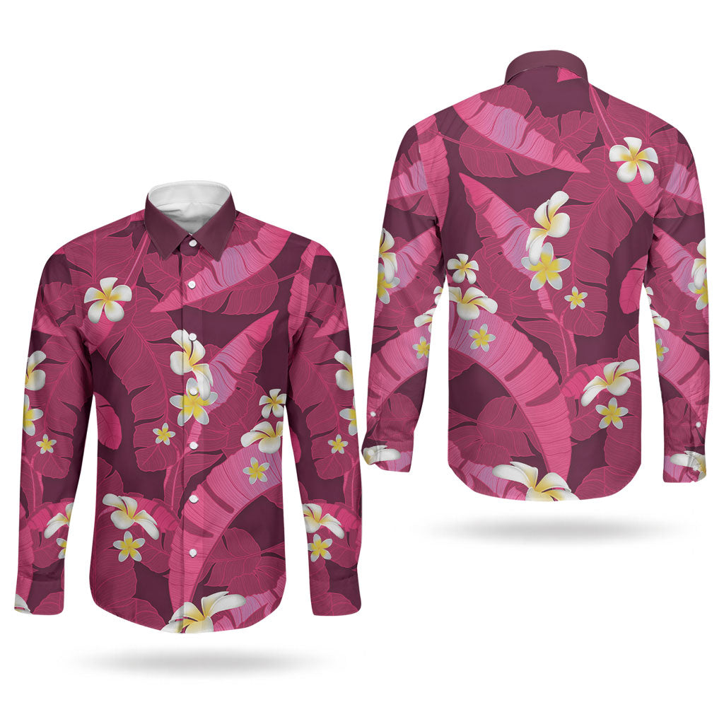 Pink Banana Leaf Hawaii Couples Matching Tank Maxi Dress and Long Sleeve Button Shirt Lau Maia Plumeria Tropical Summer Vibes