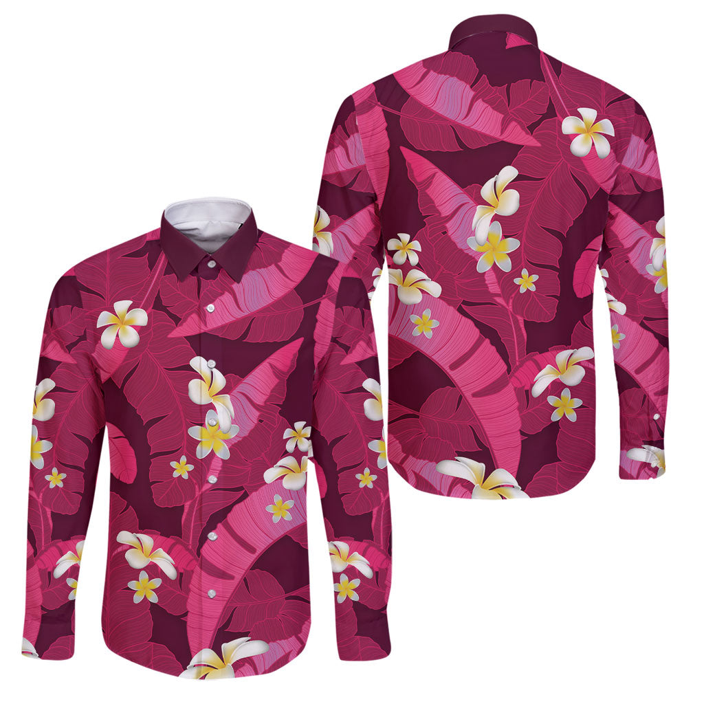 Pink Banana Leaf Hawaii Family Matching Long Sleeve Bodycon Dress and Hawaiian Shirt Lau Maia Plumeria Tropical Summer Vibes