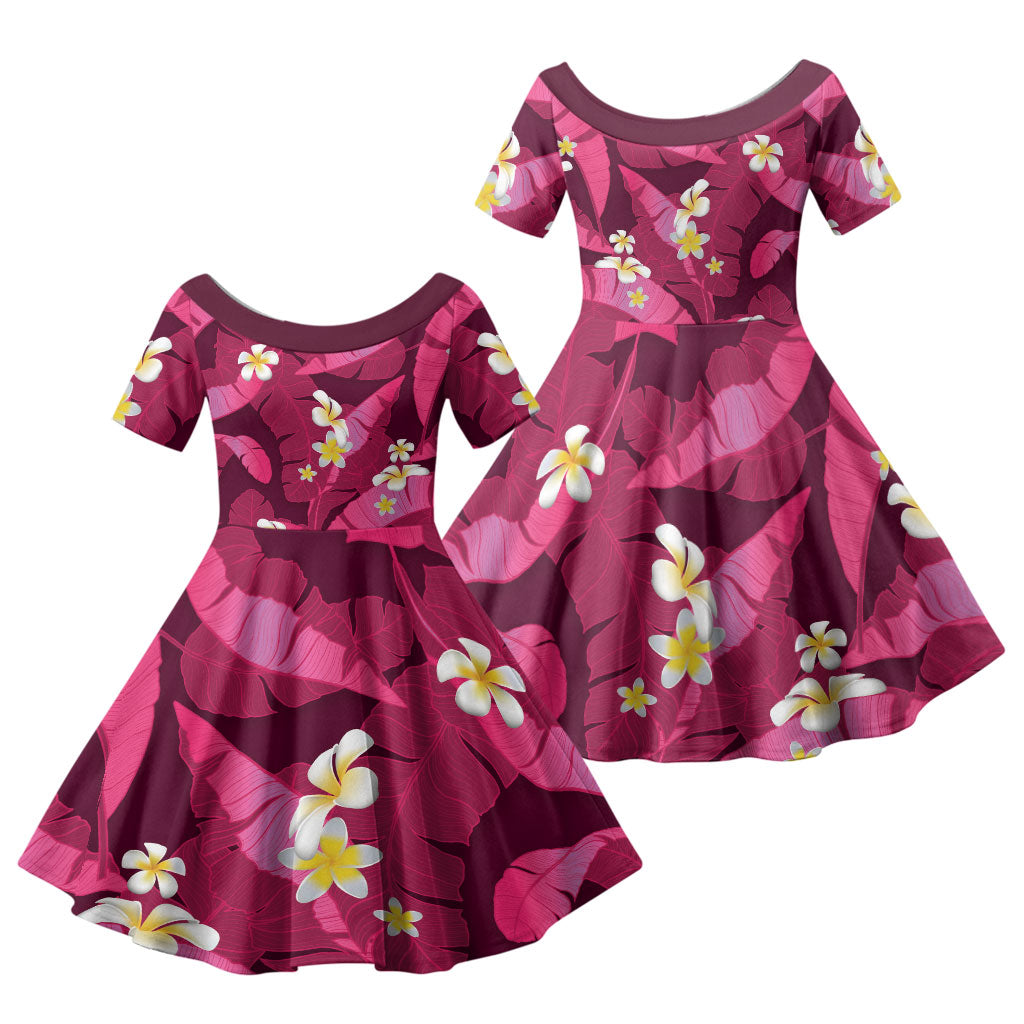 Pink Banana Leaf Hawaii Family Matching Mermaid Dress and Hawaiian Shirt Lau Maia Plumeria Tropical Summer Vibes LT14 Daughter's Dress Pink - Polynesian Pride