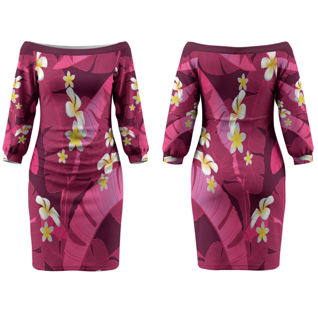 Pink Banana Leaf Hawaii Family Matching Off The Shoulder Long Sleeve Dress and Hawaiian Shirt Lau Maia Plumeria Tropical Summer Vibes