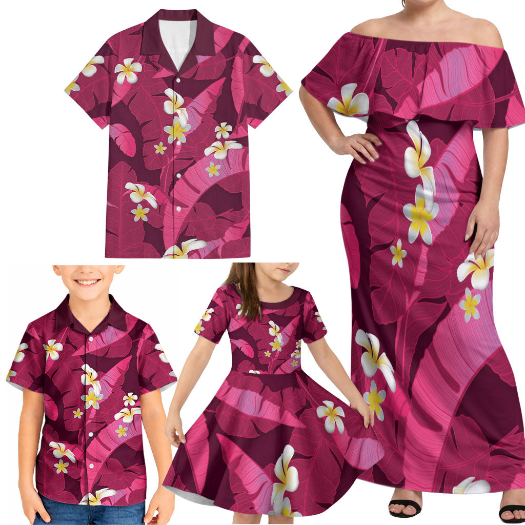 Pink Banana Leaf Hawaii Family Matching Off Shoulder Maxi Dress and Hawaiian Shirt Lau Maia Plumeria Tropical Summer Vibes LT14 - Polynesian Pride