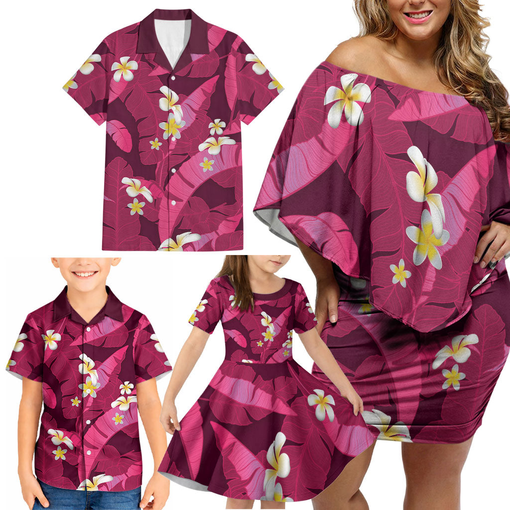 Pink Banana Leaf Hawaii Family Matching Off Shoulder Short Dress and Hawaiian Shirt Lau Maia Plumeria Tropical Summer Vibes LT14 - Polynesian Pride