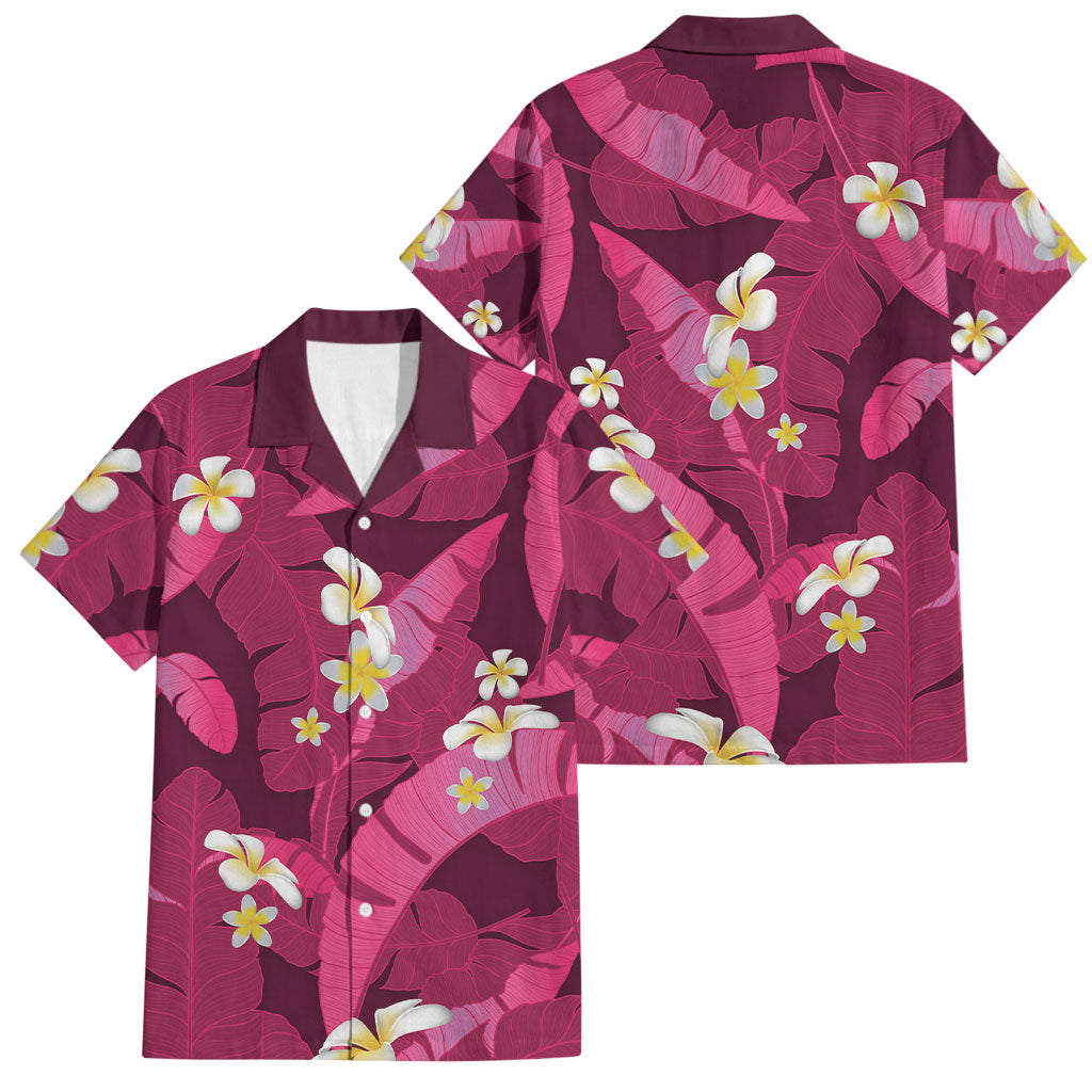 Pink Banana Leaf Hawaii Family Matching Tank Maxi Dress and Hawaiian Shirt Lau Maia Plumeria Tropical Summer Vibes LT14 Dad's Shirt - Short Sleeve Pink - Polynesian Pride