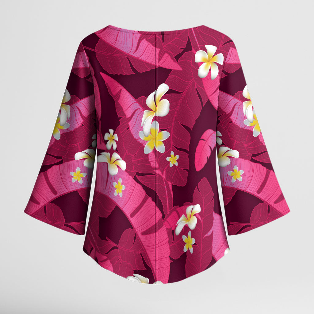 Pink Banana Leaf Hawaii Kimono Sleeve Blouse Lau Maia Plumeria Tropical Summer Vibes