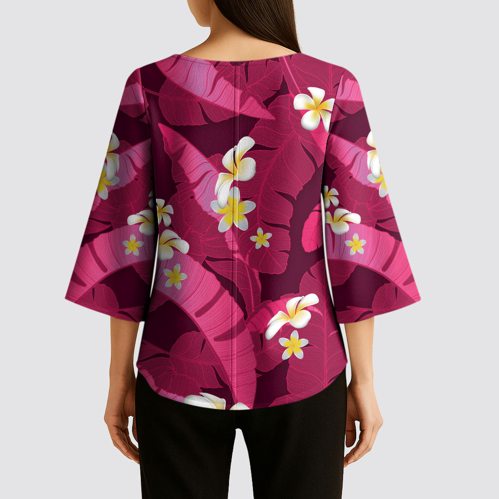 Pink Banana Leaf Hawaii Kimono Sleeve Blouse Lau Maia Plumeria Tropical Summer Vibes
