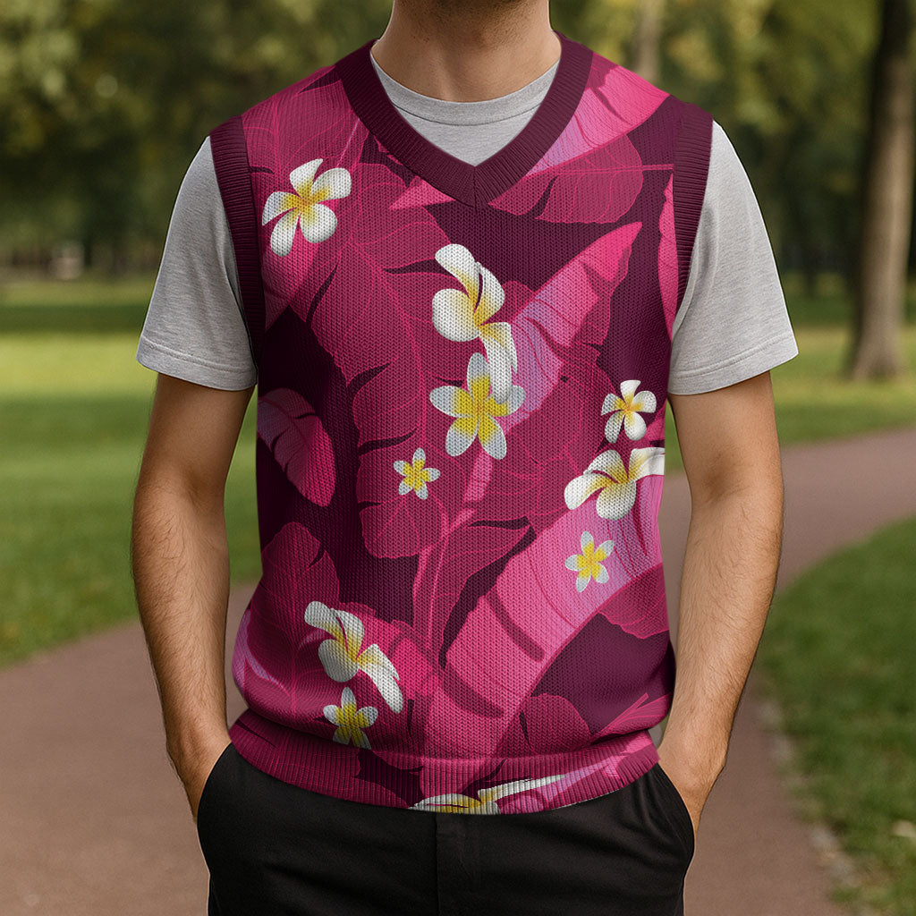 Pink Banana Leaf Hawaii Christmas Knitted V-Neck Vest Lau Maia Plumeria Tropical Summer Vibes LT14 - Polynesian Pride