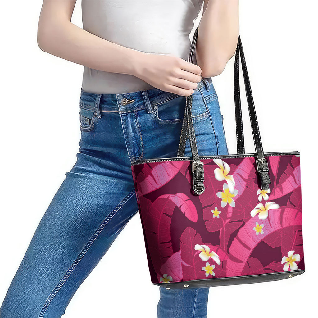 Pink Banana Leaf Hawaii Leather Tote Bag Lau Maia Plumeria Tropical Summer Vibes