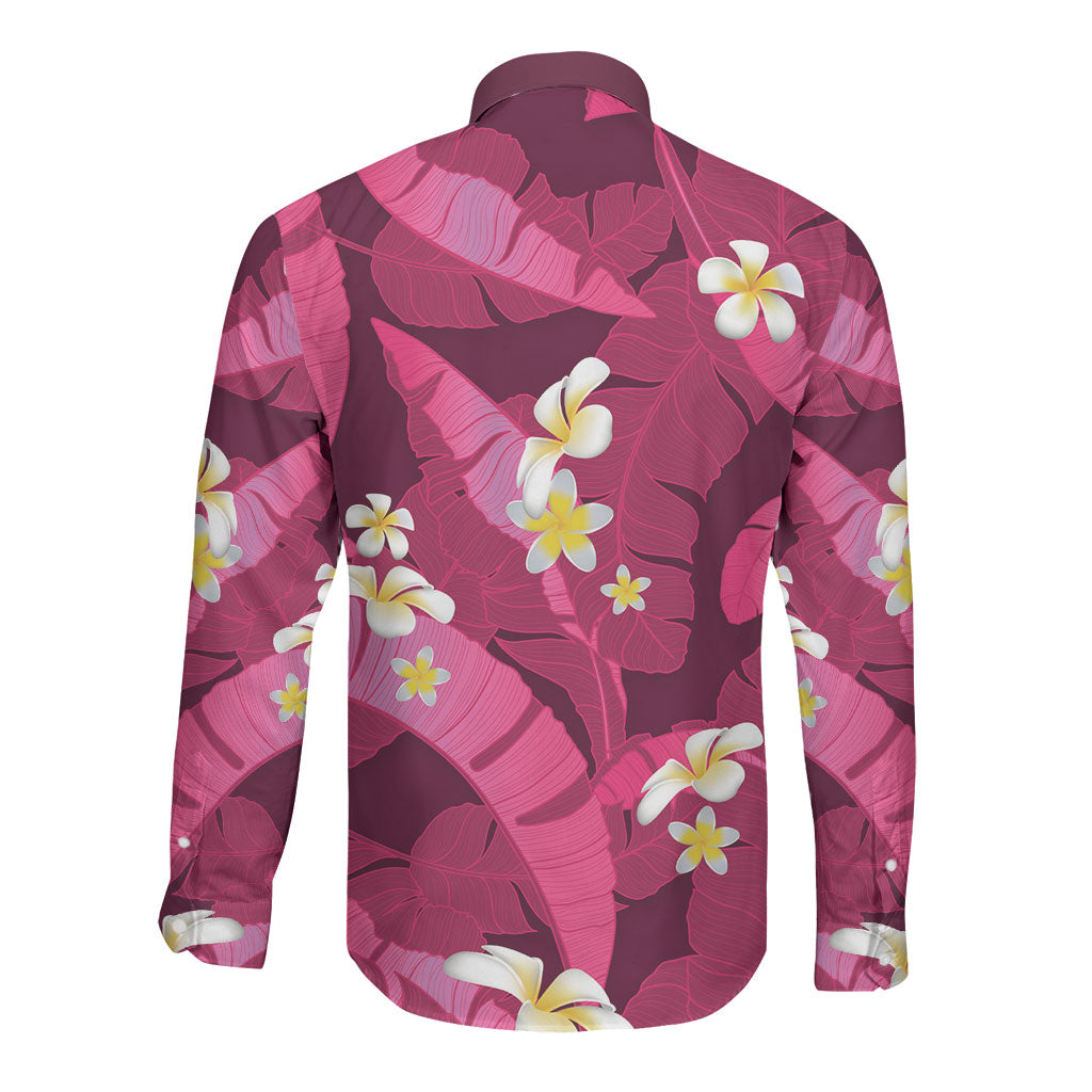 Pink Banana Leaf Hawaii Long Sleeve Button Shirt Lau Maia Plumeria Tropical Summer Vibes