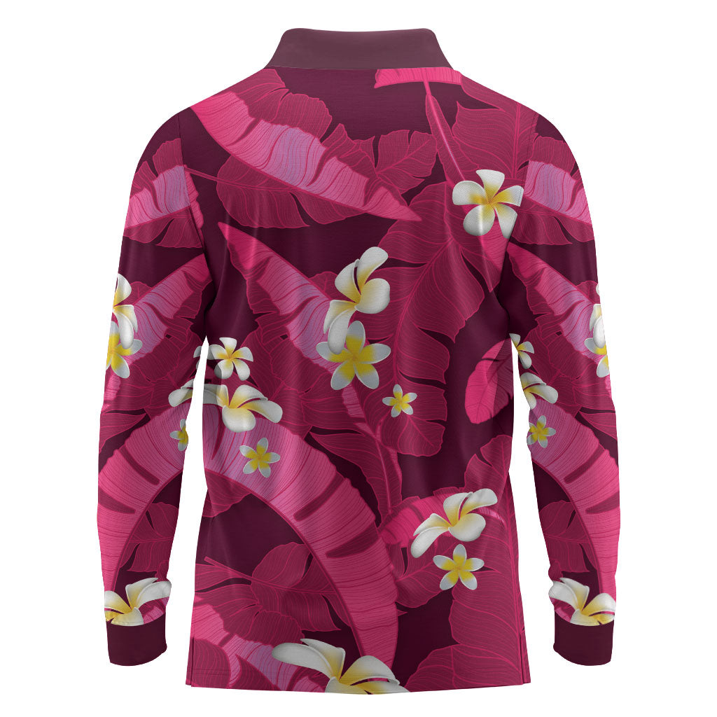 Pink Banana Leaf Hawaii Long Sleeve Polo Shirt Lau Maia Plumeria Tropical Summer Vibes