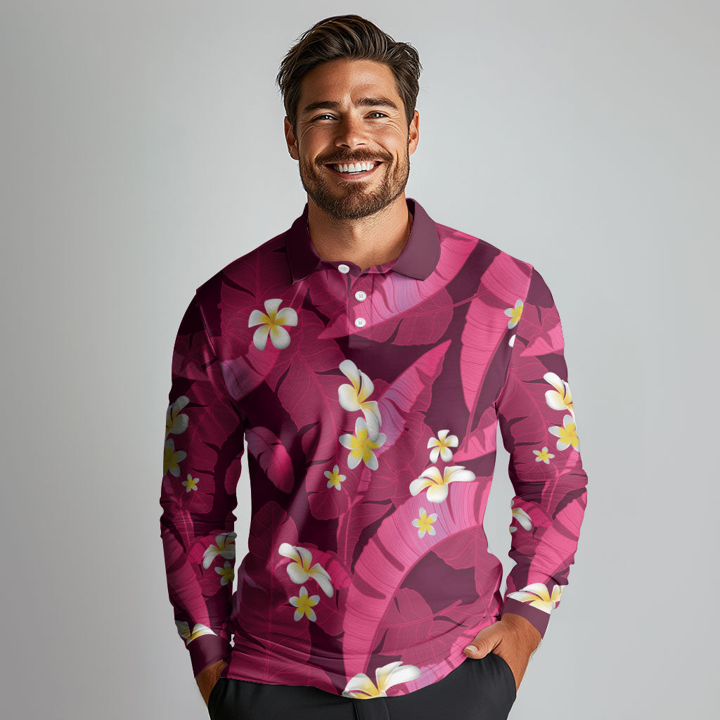 Pink Banana Leaf Hawaii Long Sleeve Polo Shirt Lau Maia Plumeria Tropical Summer Vibes